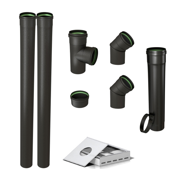 KIT  RACCORDEMENT  COUDE A 45° POELE A GRANULES 100  NOIR MAT+ CACHE CONDUIT